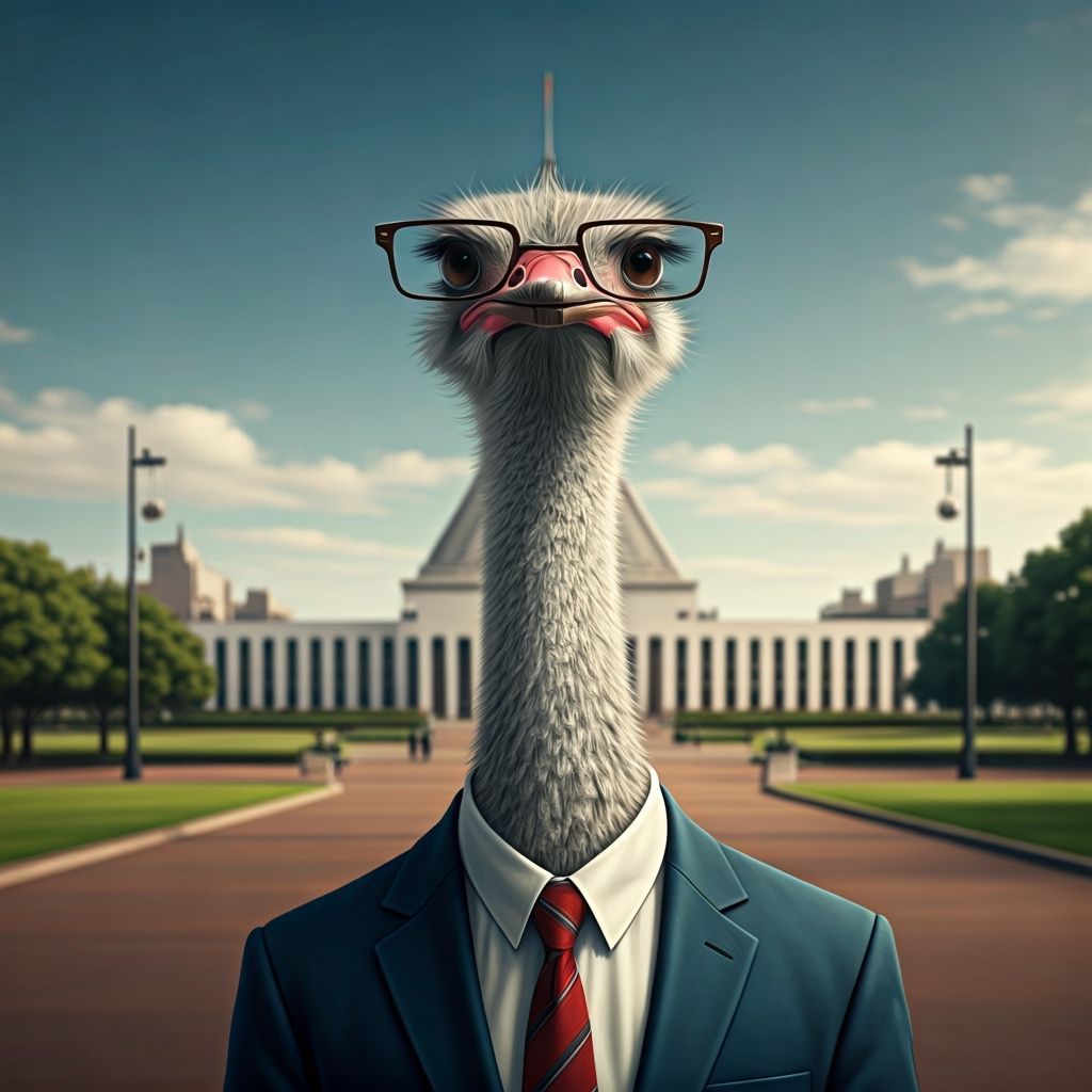 Anxious Ostrich at Parliament, Whimsical Illustration