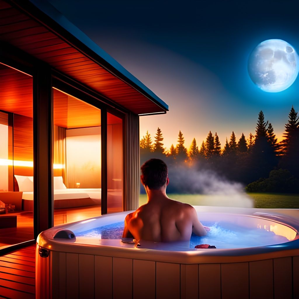 Man Relaxing in Jacuzzi Under Starry Sky