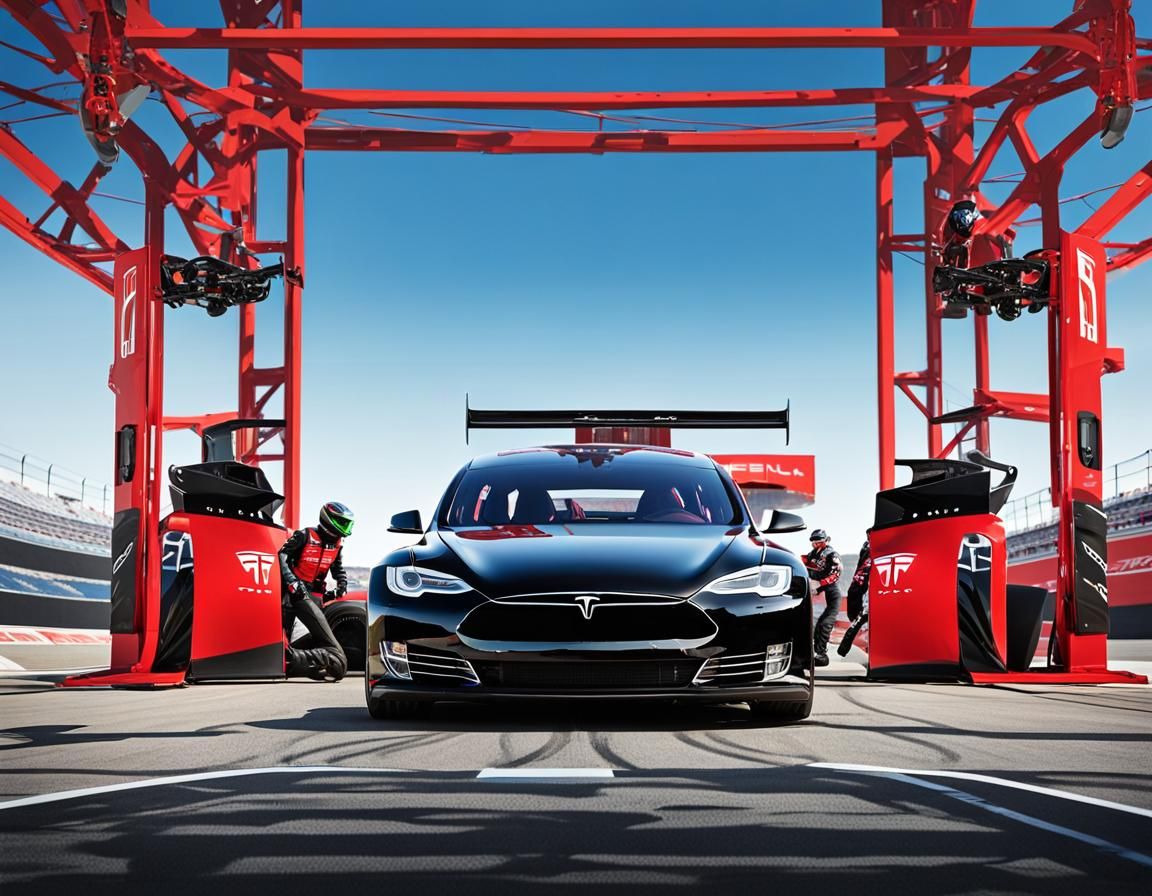Red and Black Tesla Model S Race Car on Track