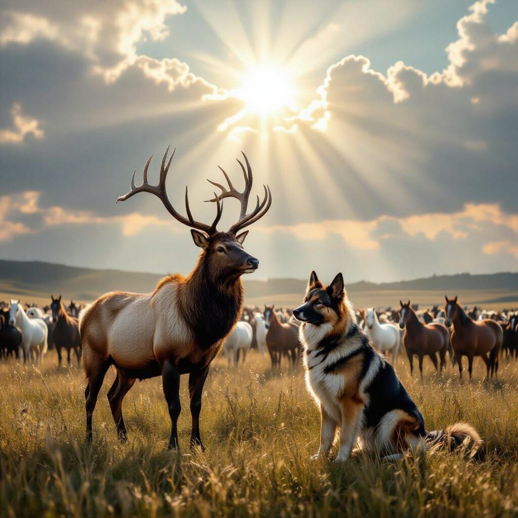 Elk and German Shepherd Among Thousands of Horses
