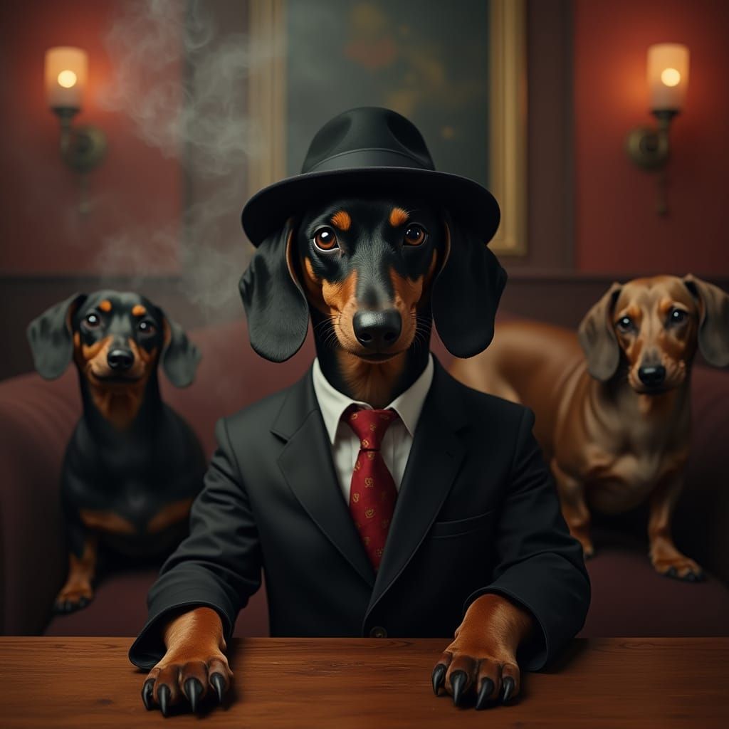 Dachshund Mafia Boss in a Smoke-Filled Room