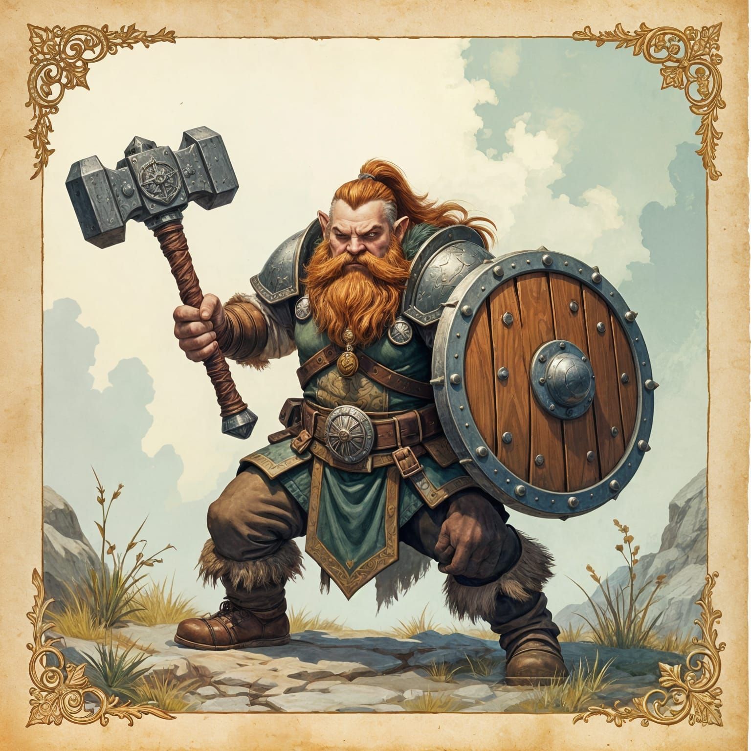 Dwarven Fighter Warhammer and Shield Illustration