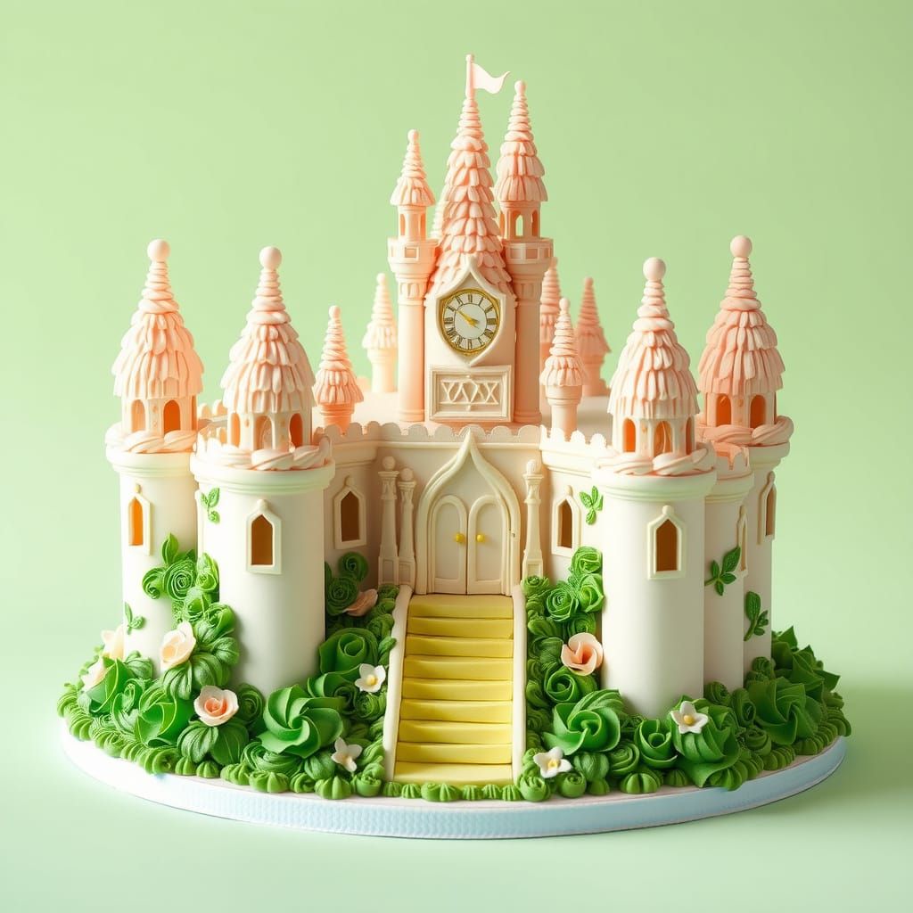 Whimsical Buttercream Palace Cake in Elegant Pastel Green