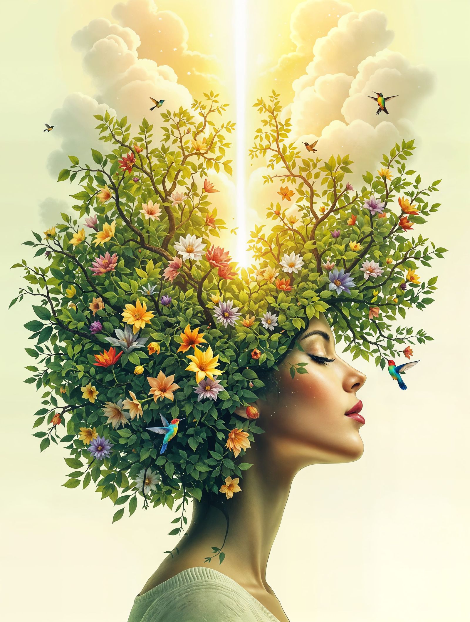 Surreal Woman Transforms into Blooming Garden in Digital Art