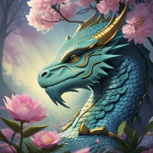 Dragon in Floral Fantasy: Digital Art Masterpiece