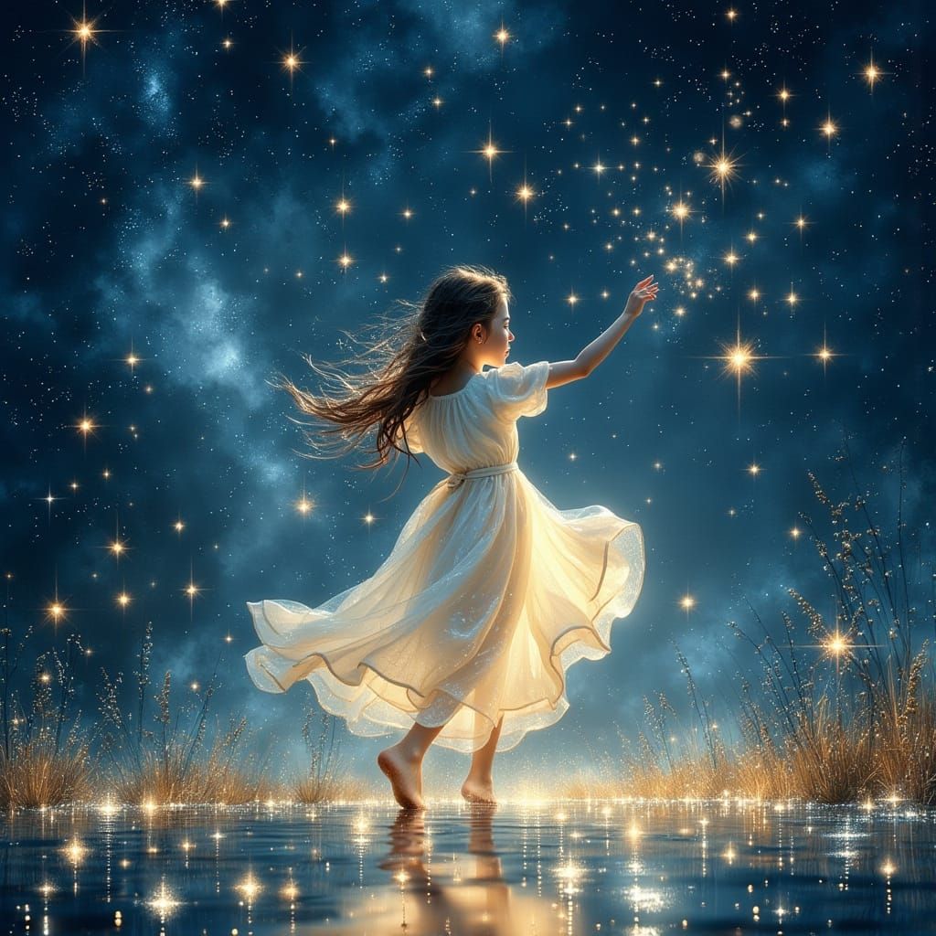 Whimsical Woman Chases Fireflies Under Starry Night Sky