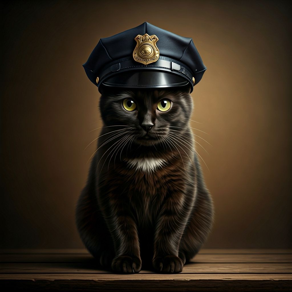 Black Cat Portrait Wearing Police Hat