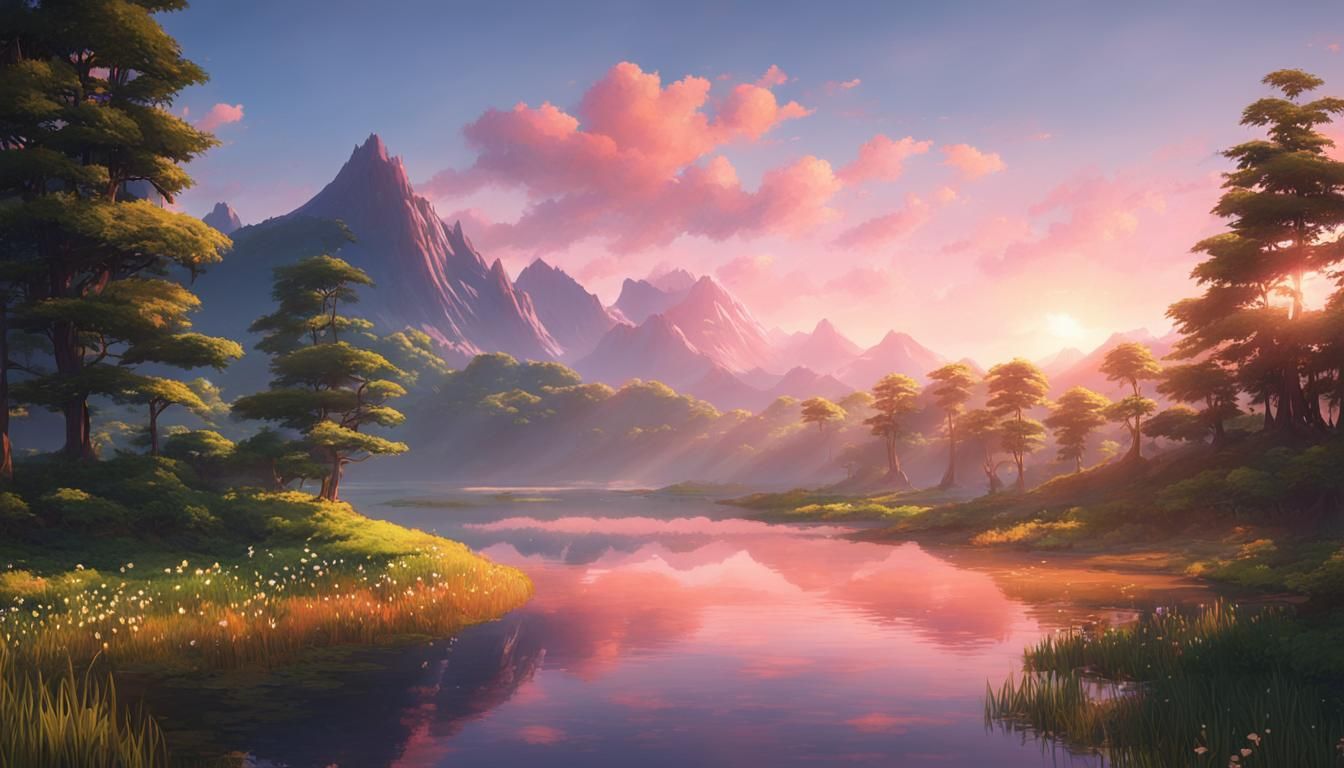 A natural landscape in the early morning, with towering moun...