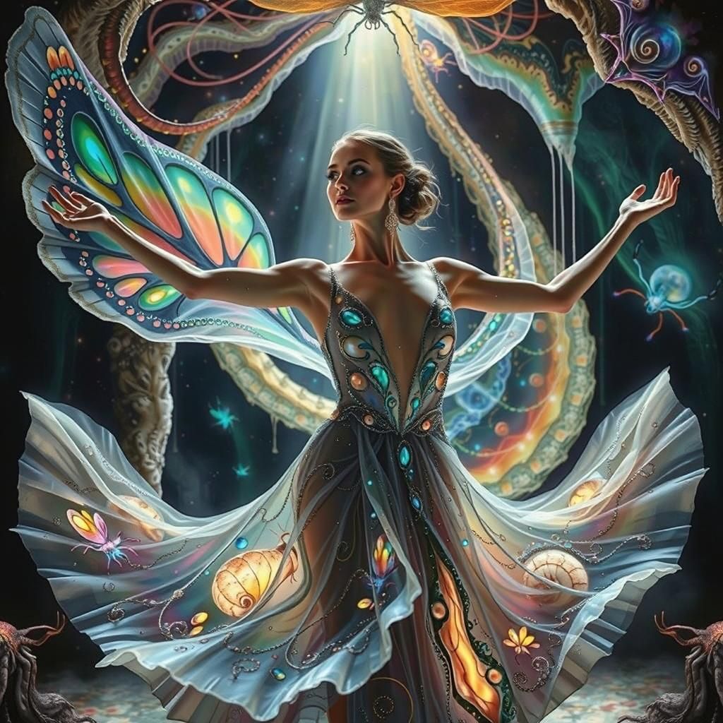 Bioluminescent Dancer in Crystal Cavern, Surreal Art