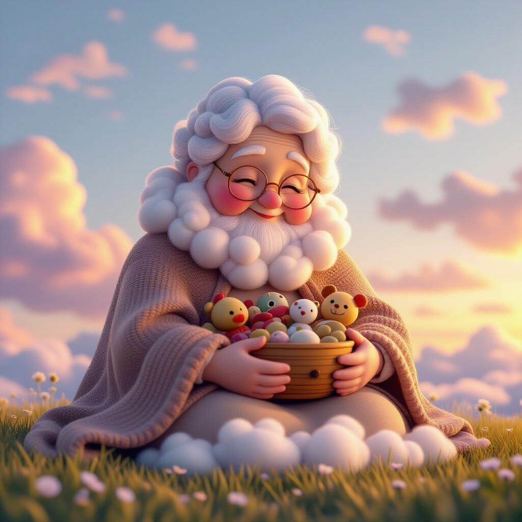 Cloud Grandma Holds Wooden Toys at Dawn in CGI Style