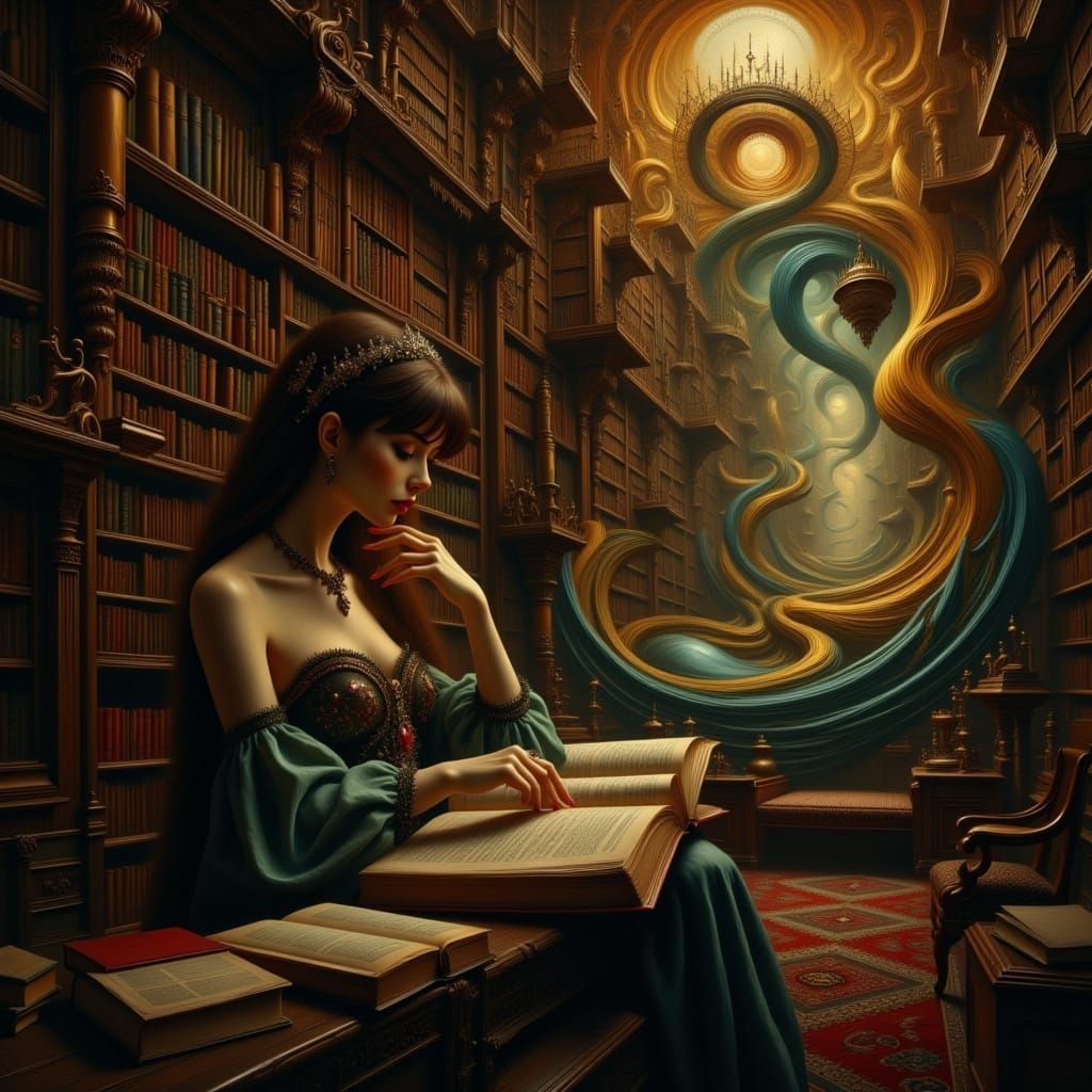 Woman in Elegant Attire, Lost in a Novel in a Grand Library