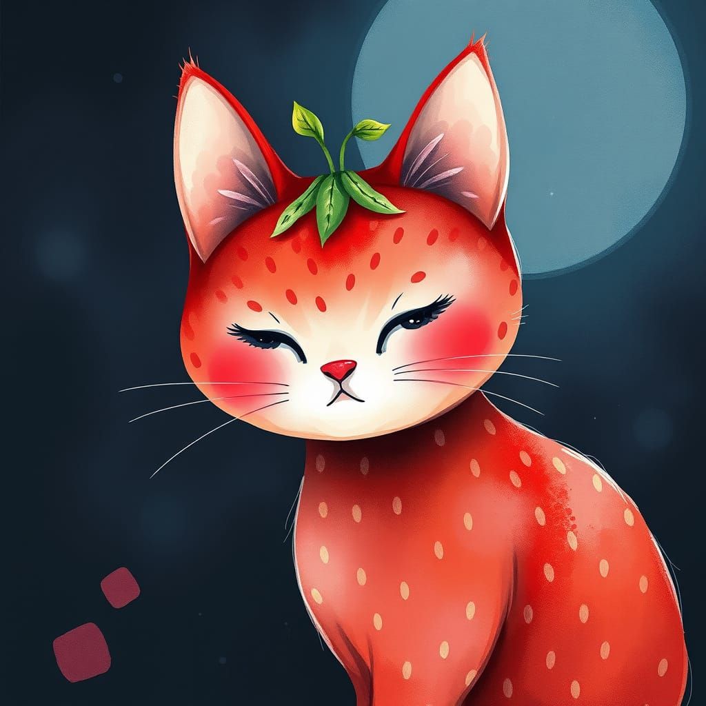 Whimsical Strawberry Cat in Dreamy Garden Scene