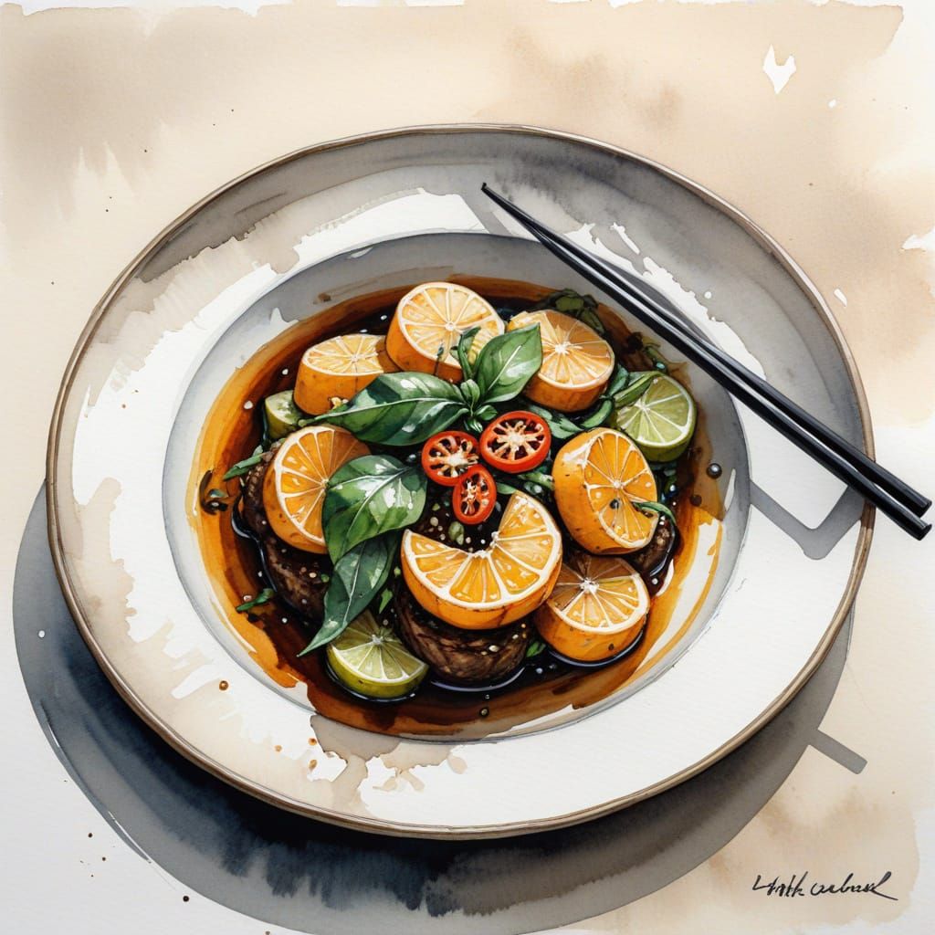 Oriental Still Life with Fork in Watercolor and Ink