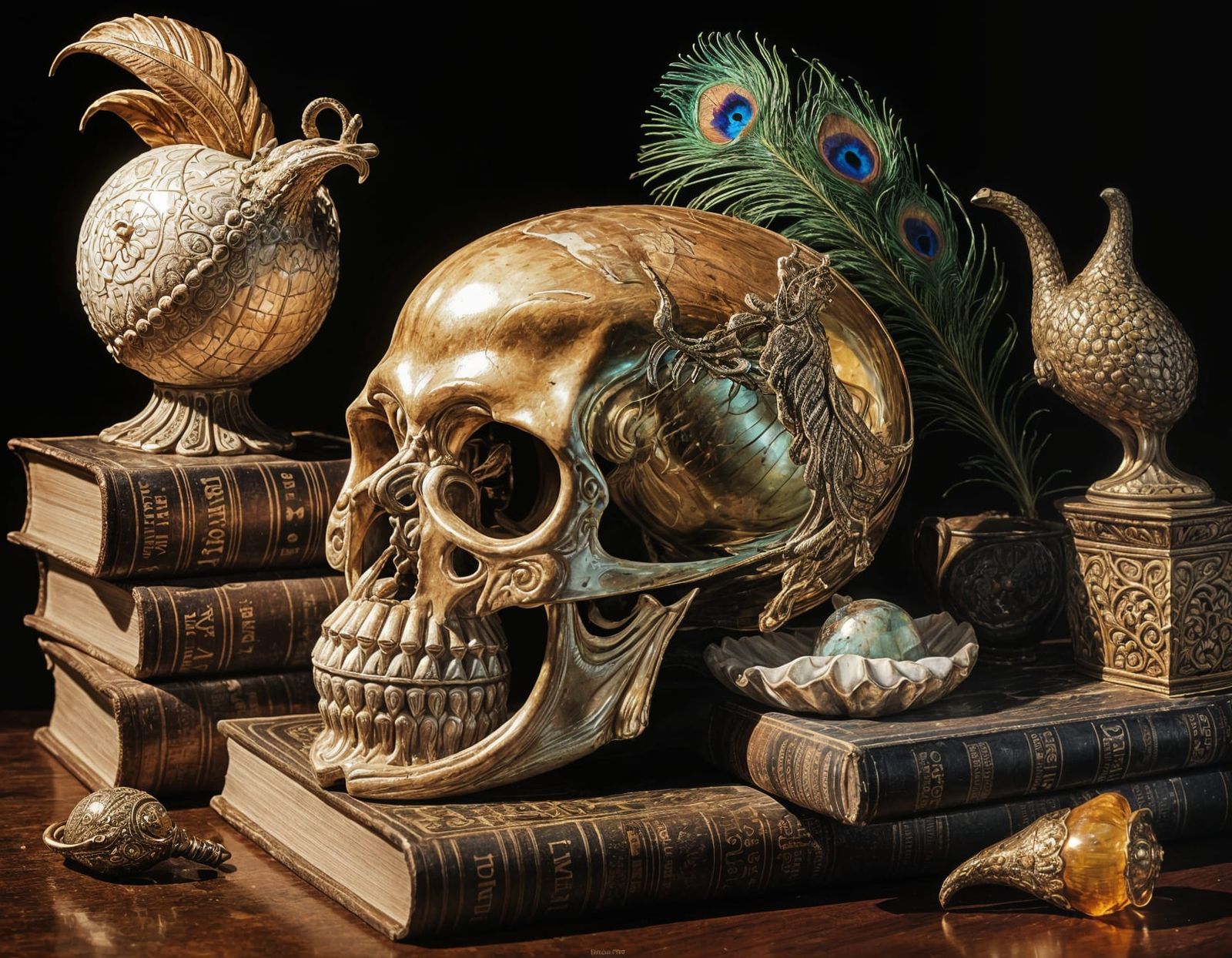 Still Life with Skull, Shell, and Peacock Feathers