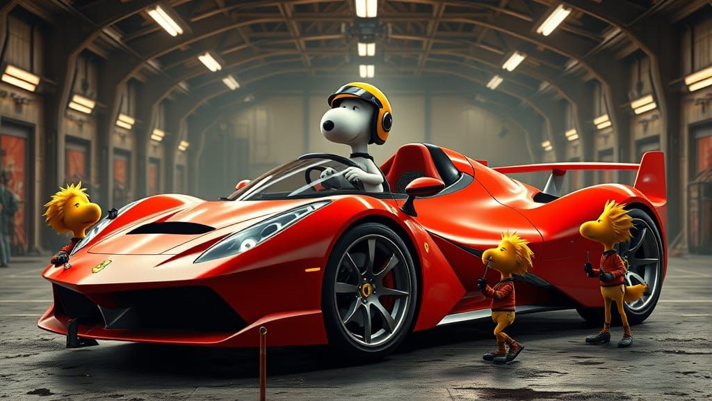 Snoopy Pilots Futuristic Ferrari Spaceship in Space Hangar