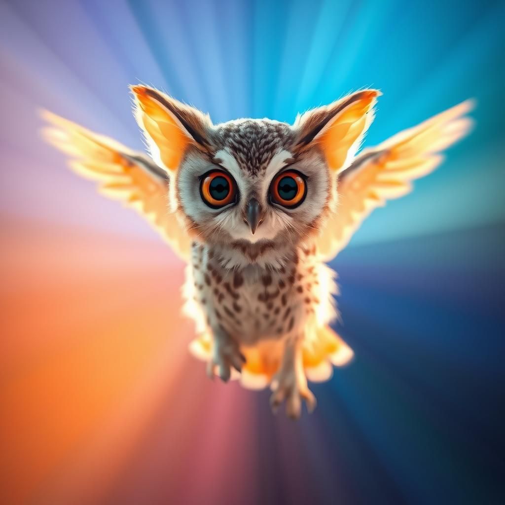 Owl-Griffin Kitten Hybrid in Flight, 3D Rendered