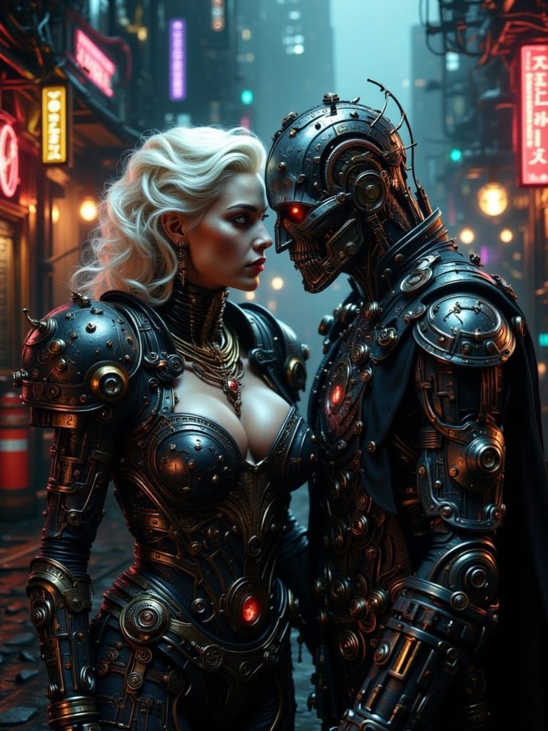 Cyberpunk Marilyn and Frankenstein in Dystopian City