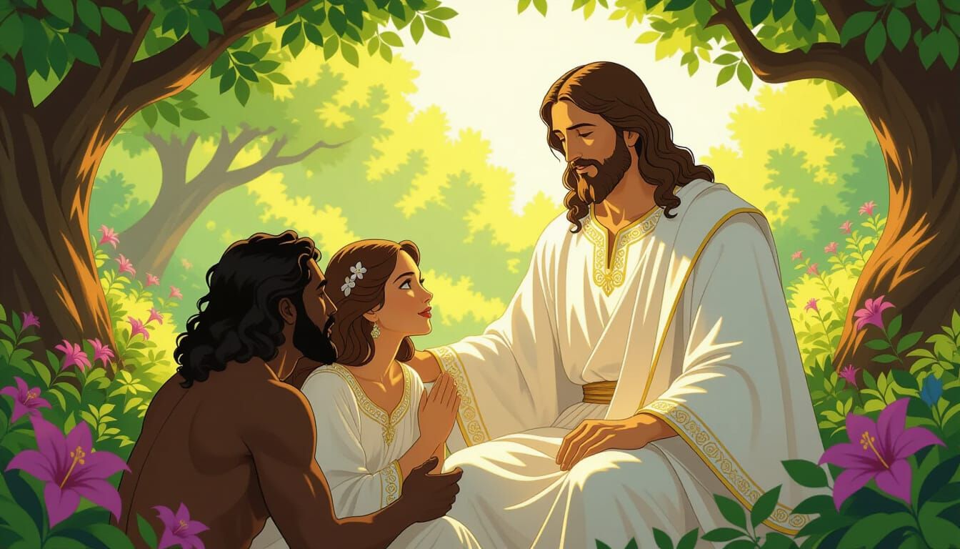 Jesus Christ Blesses Adam and Eve in Vibrant Garden of Eden