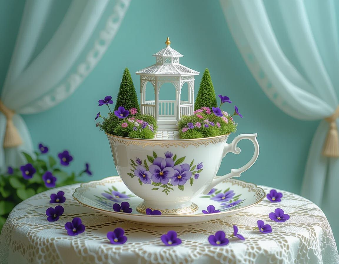Miniature Garden in Teacup with Violets
