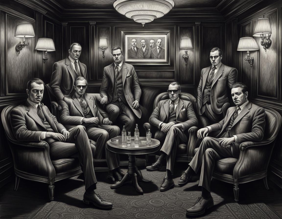 Mobsters seated in cosy armchairs in a gentlemen club