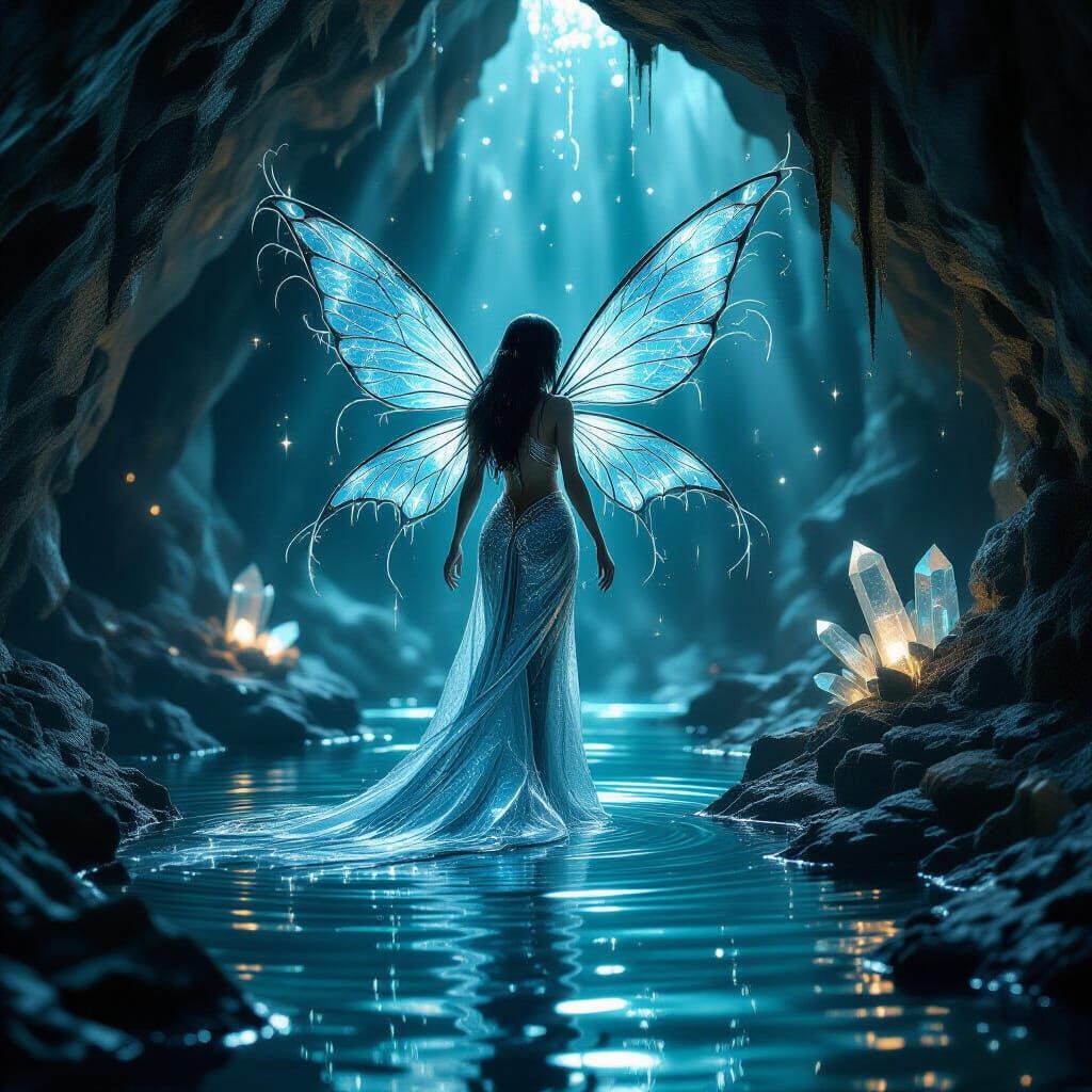 Mercury Fairy in Grotto with Glowing Crystals
