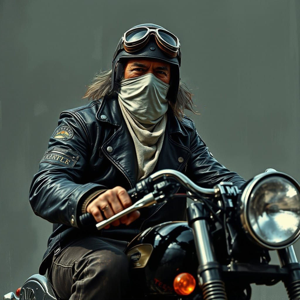 Rugged Rocker Biker in Black Leather Jacket and Helmet