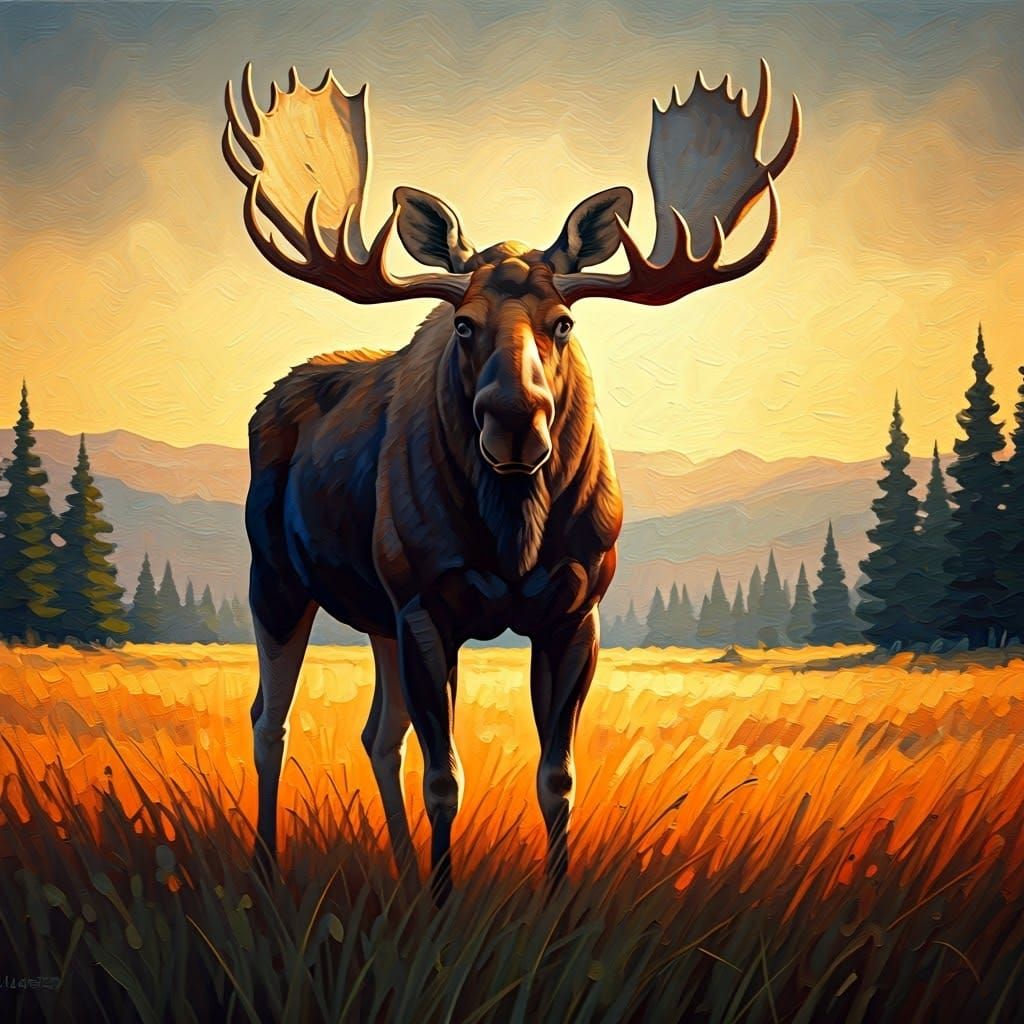Moose on Savannah as Impasto Oil Painting