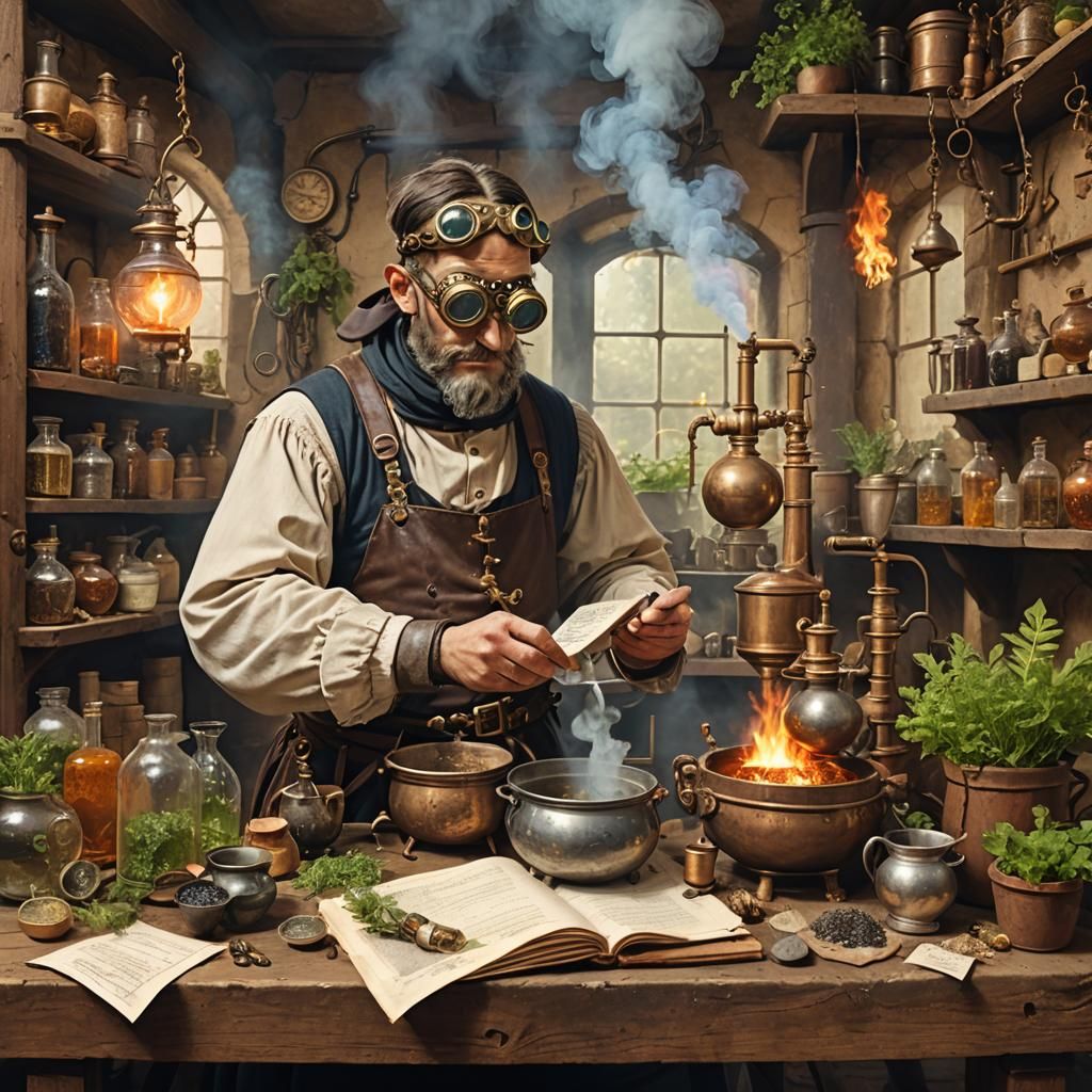 Steampunk Herbalist Working on Medieval Still
