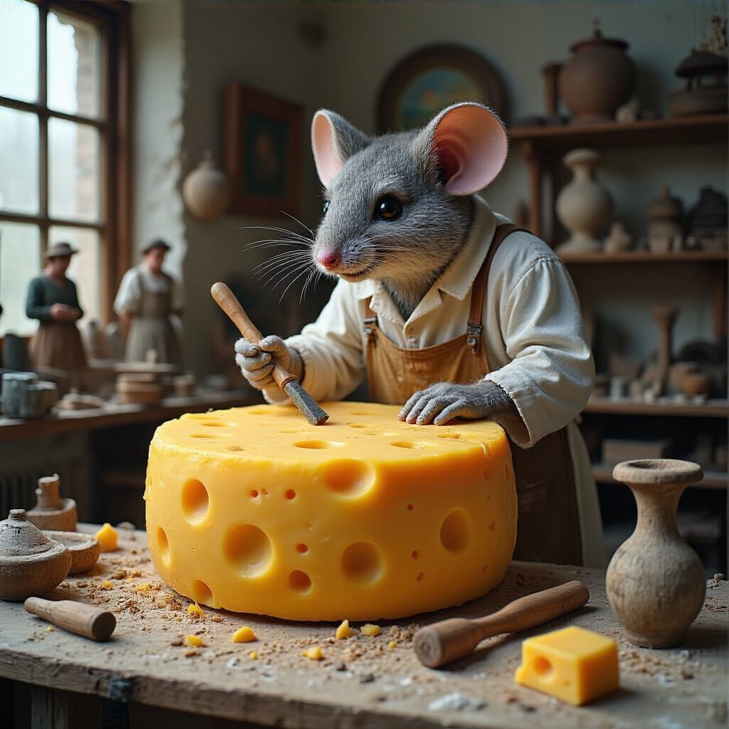 Mouse Sculptor Creates Cheese Art, Rustic Style
