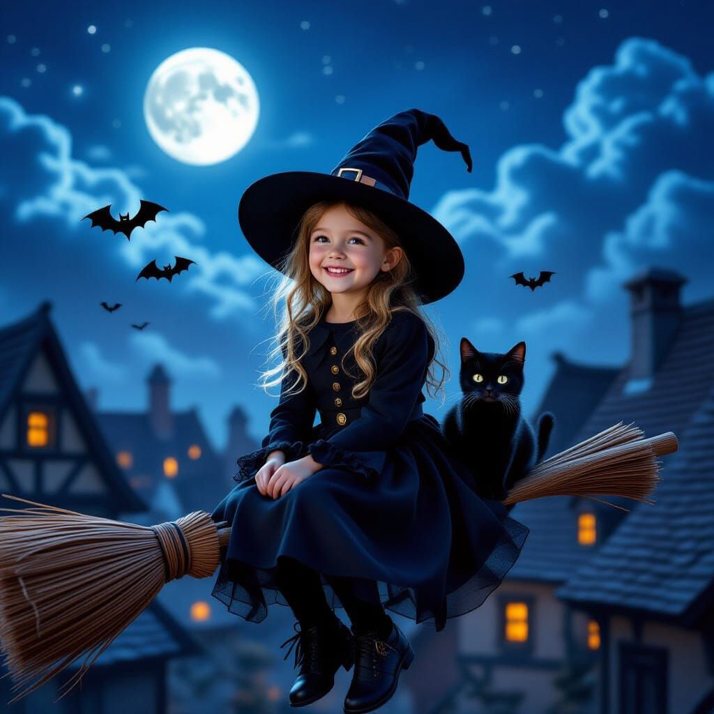 Witch Girl on Broomstick Over Medieval Village Under Full Mo...