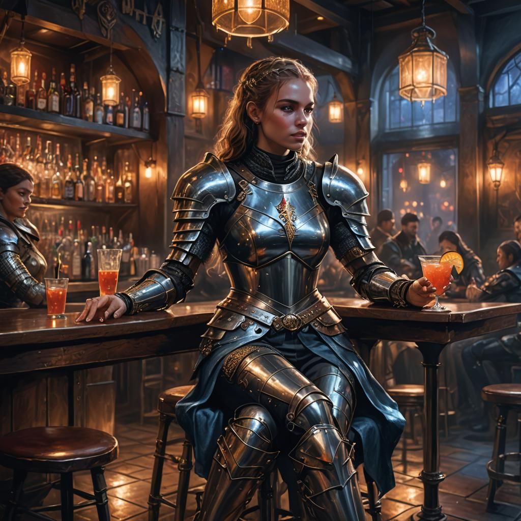 Knight in Shining Armor Drinks Cocktail: Fantasy Art