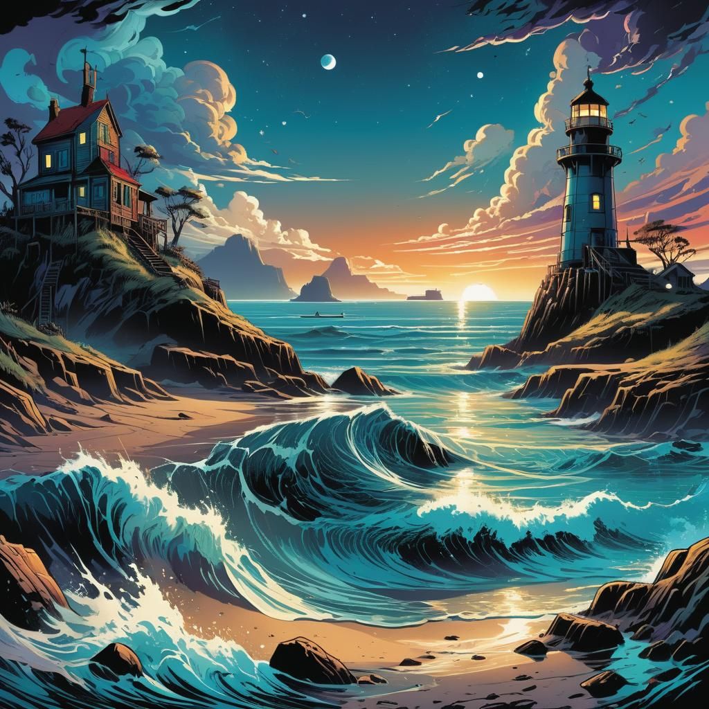 Enigmatic Seaside Vector Art in Comic Book Style