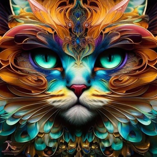 Chibi Teal Cat Portrait in Gouache Style