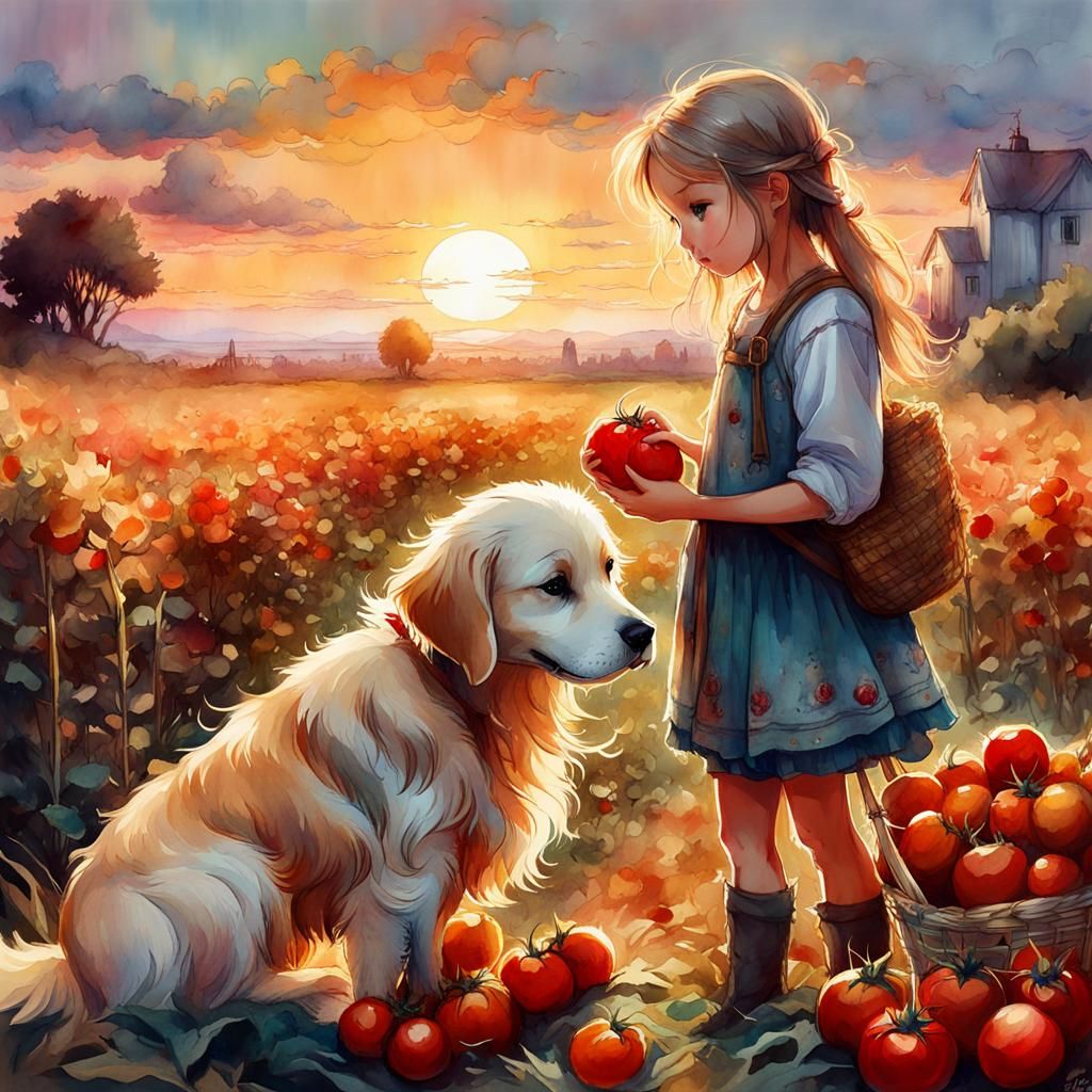 Chibi Girl Harvesting with Golden Retrievers, Watercolor Art
