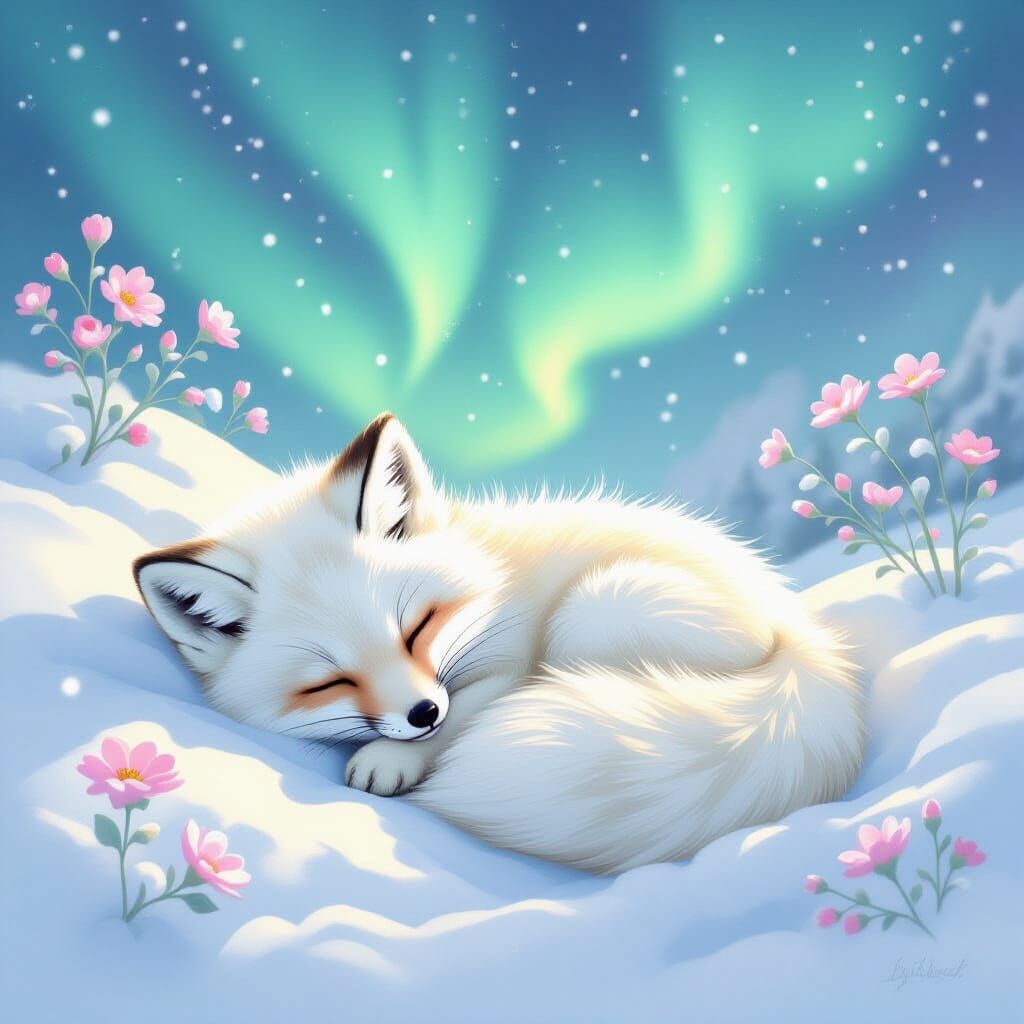 Arctic Fox Pup Dreams Under Aurora, Illustrated Style