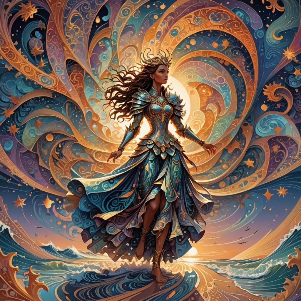 Ra and Valkyrie on Iridescent Beach in Fractal Dream