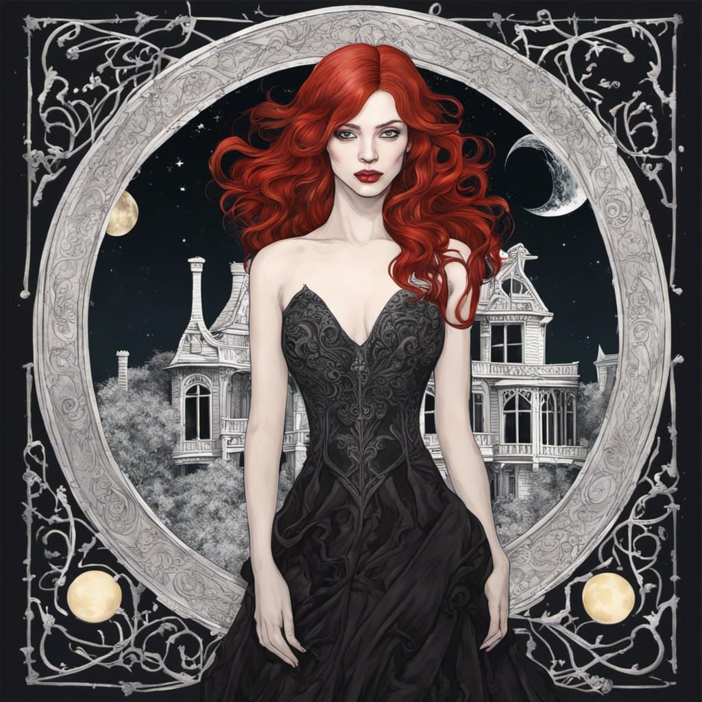 Gothic Woman with Red Hair and Full Moon