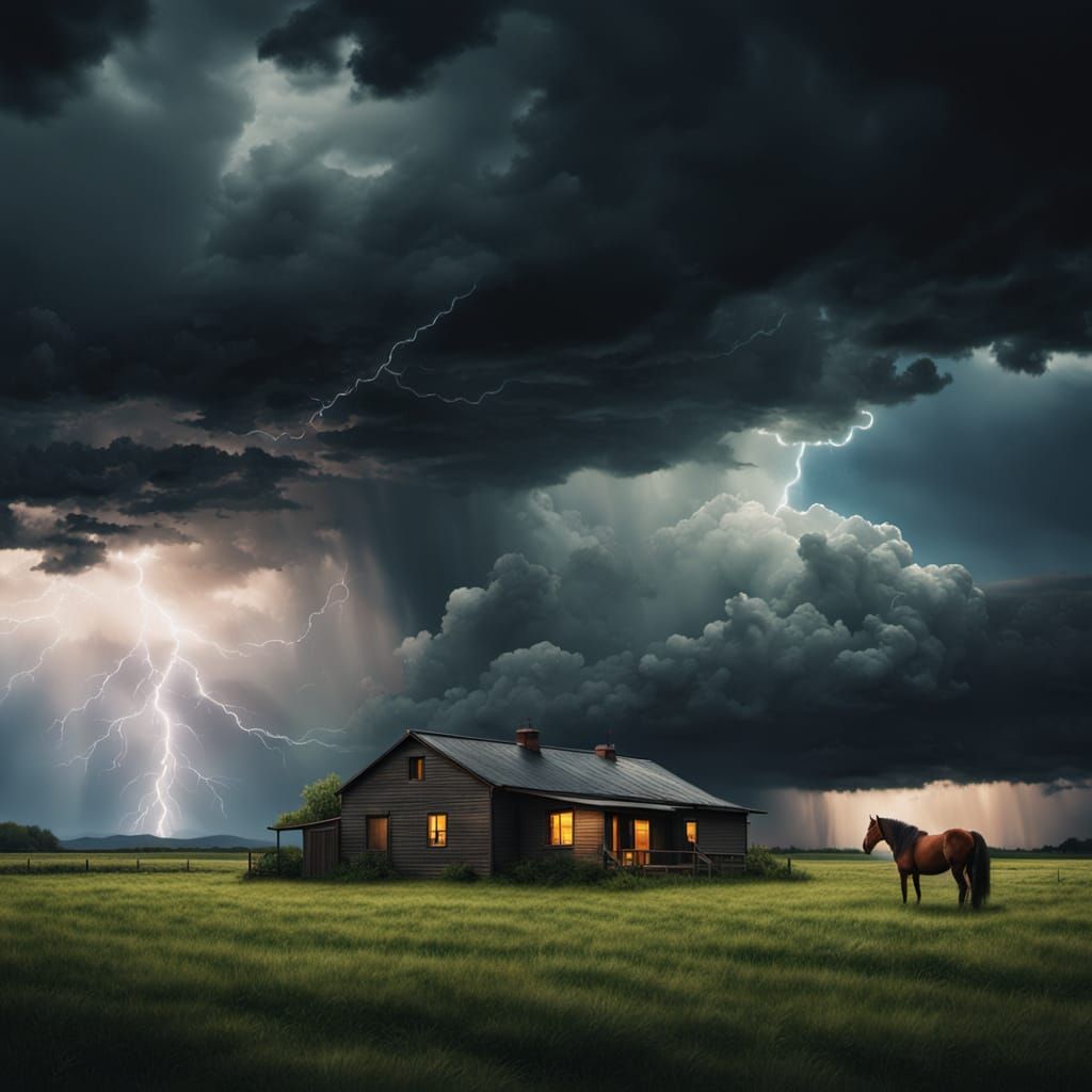 Dramatic Rural Scene with Stormy Sky as Oil Painting
