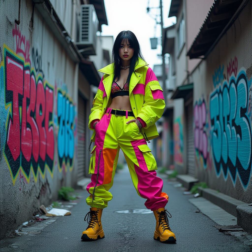 Avant-Garde Model on Tokyo Street with Graffiti