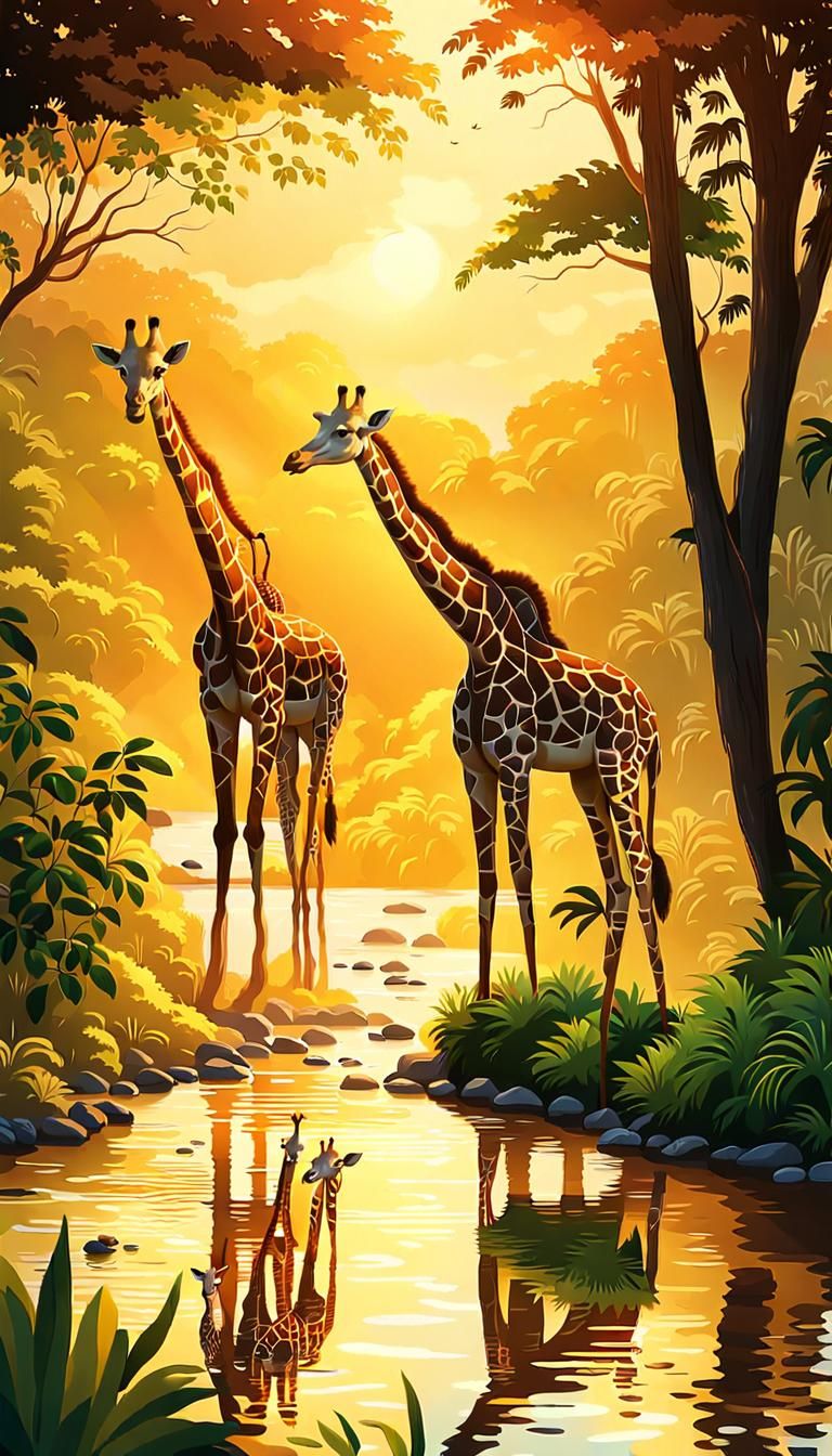Giraffe Family in Amazon, Impressionist Style
