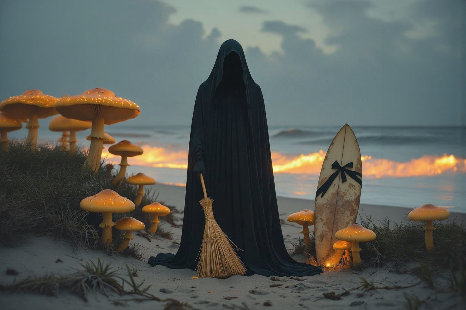 Surreal Twilight Beach Scene with Hooded Figure