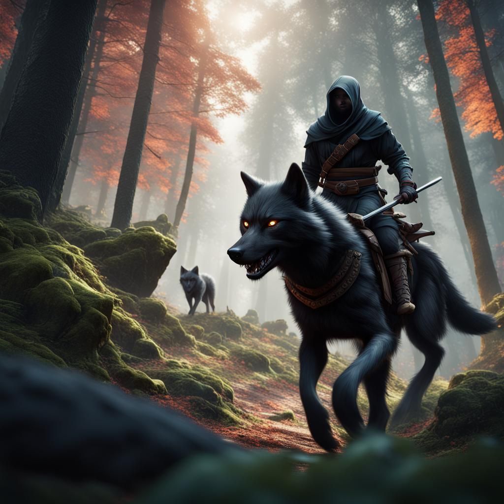 Ninja on Black Wolf in Forest, Matte Painting