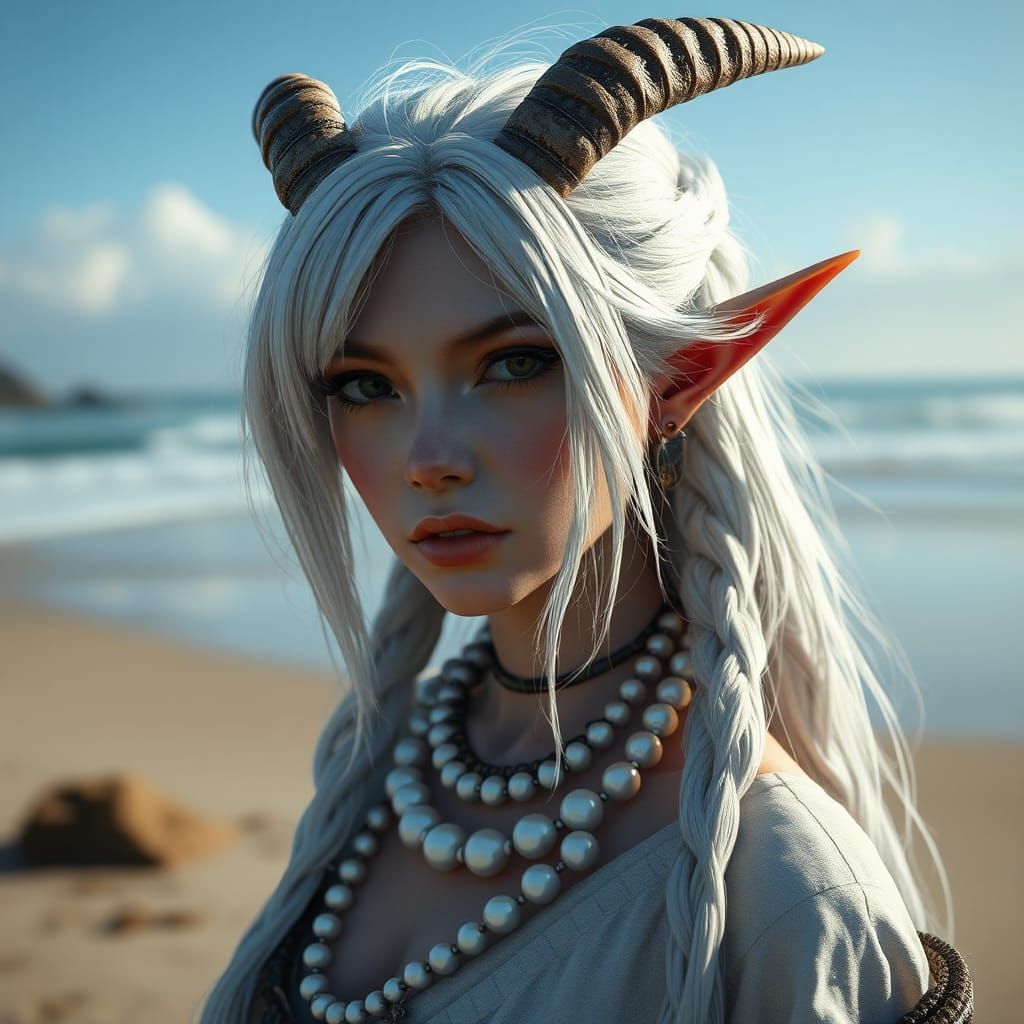 High-Elf Female on Beach in Fantasy Art Style