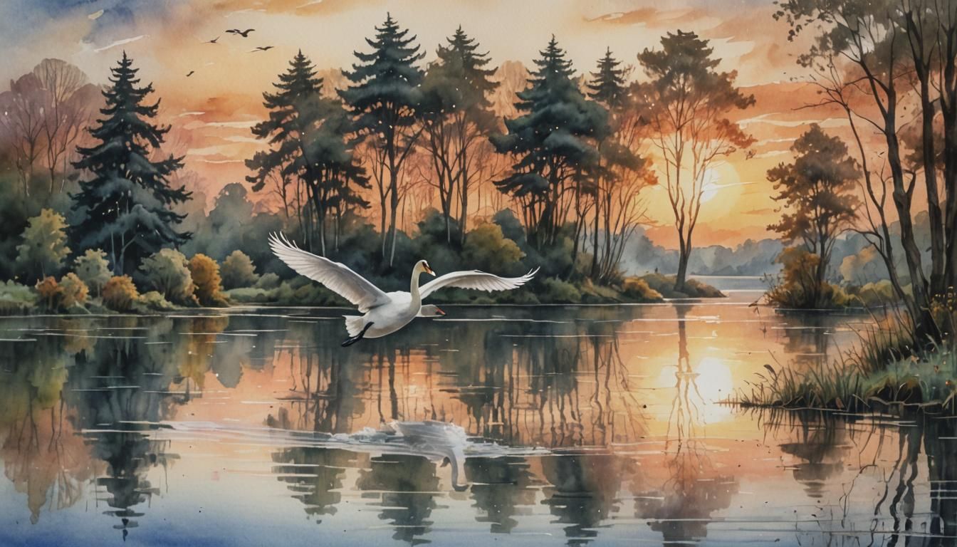 Swan Soaring Over Lake at Sunset in Watercolor
