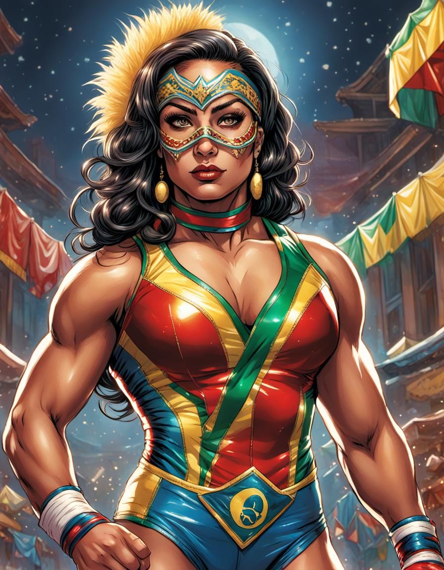 hyper realistic, perfect, Latina female wrestler wearing a B...