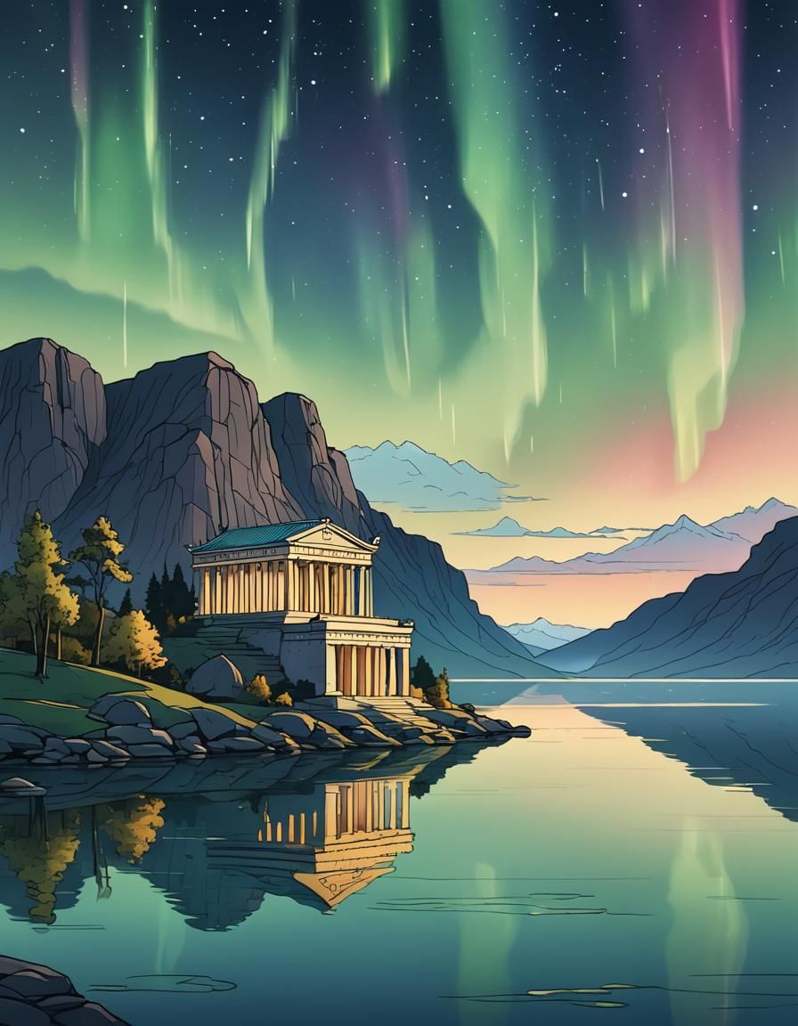 Japandi Line Art: Greek Temple Under Aurora Borealis