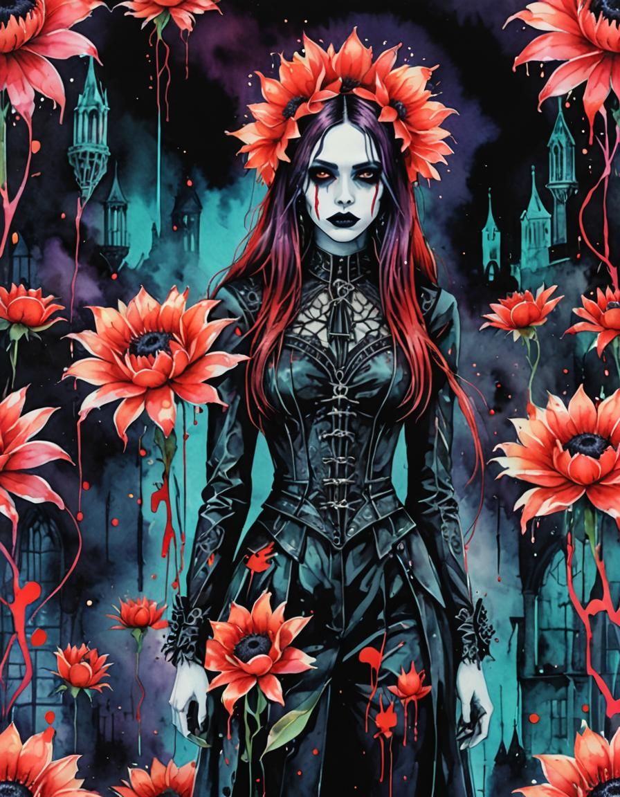 Neon Gothic Woman in Surreal Watercolor Style