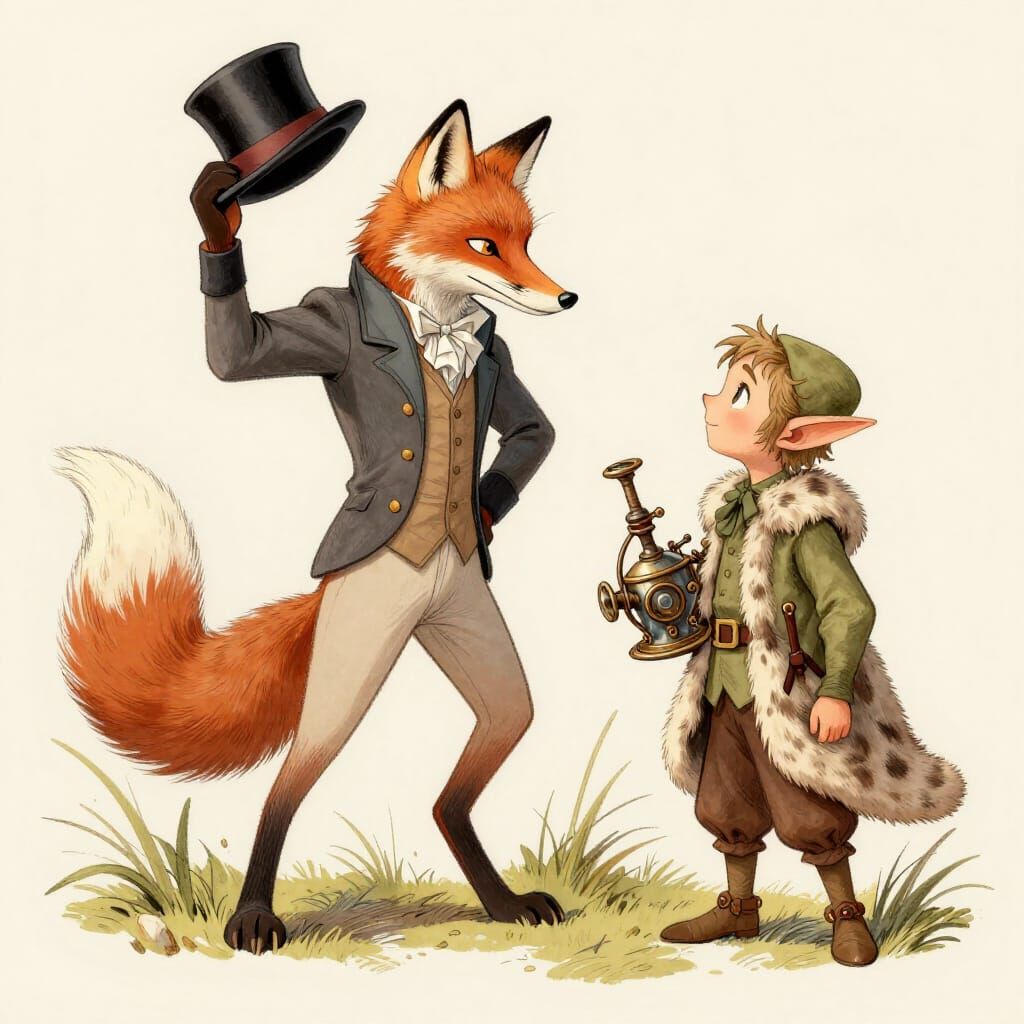 A fairy tale illustration depicting a moment of interaction between a sly fox and a curious elf. The fox, wearing a wais...