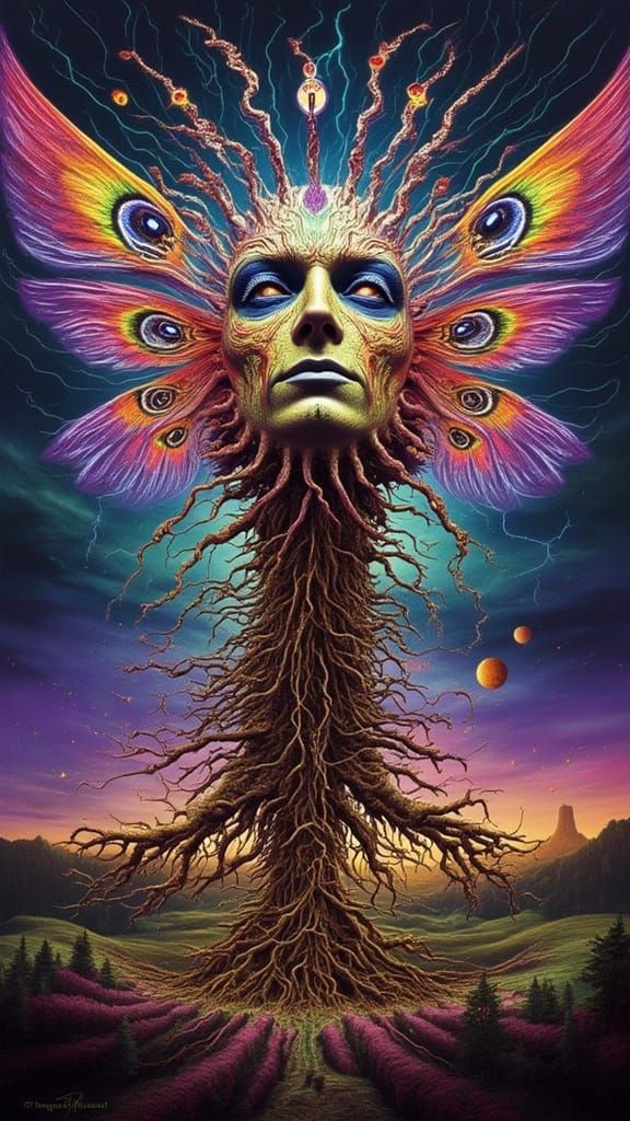 Man in Rainbow Lightning on Moth Wing Landscape