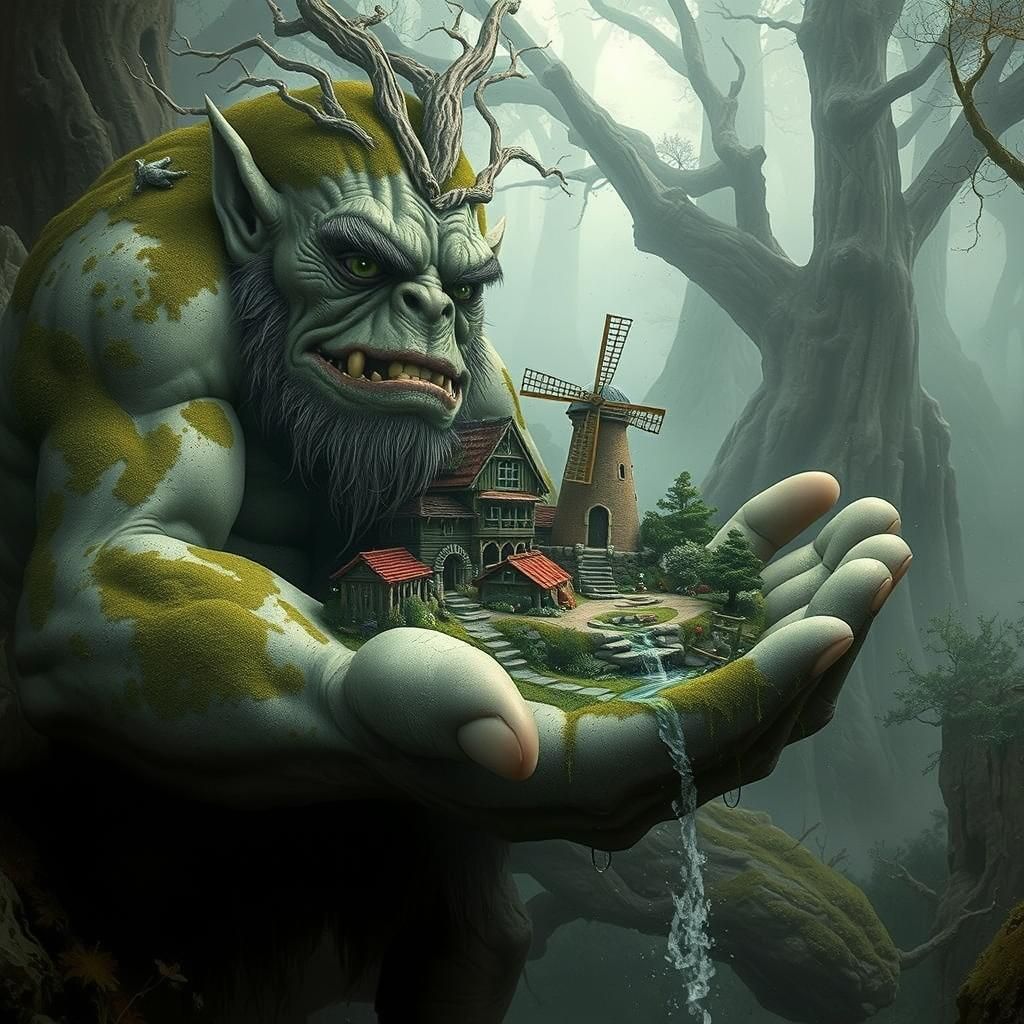 Gentle Rock Troll with Miniature Village